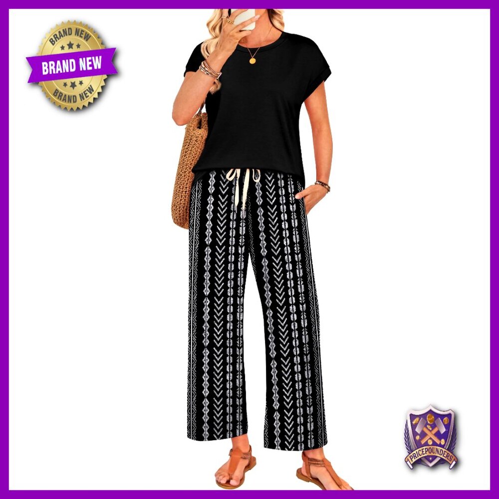Women's Two Piece Lounge Set Wide Leg Pants Cap Sleeve Top